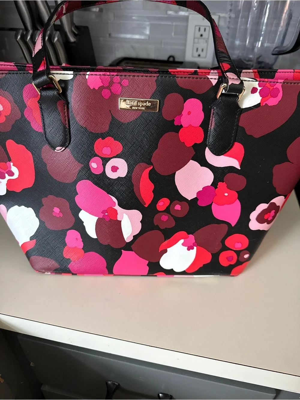 kate spade Black Floral Print Tote with Pink & Red Accents